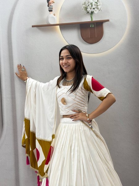 Radiant White Designer Navratri Pure Cotton Lehenga Choli with Gota Patti Lace and Dupatta Navratri Lehnega Choli