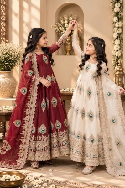 Radiant White Kids Heavy Fendy Silk Embroidered Gown Set with Dupatta For Festival Girls Wear