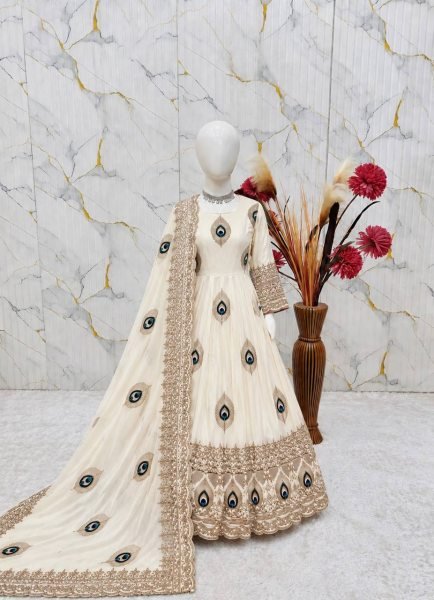 Radiant White Kids Heavy Fendy Silk Embroidered Gown Set with Dupatta For Festival Girls Wear