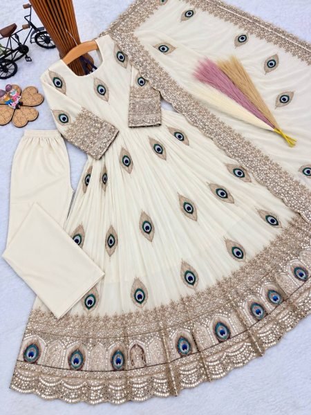 Radiant White Kids Heavy Fendy Silk Embroidered Gown Set with Dupatta For Festival Girls Wear