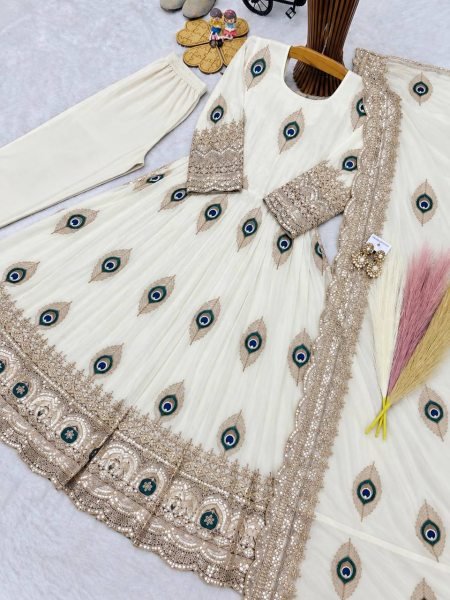 Radiant White Kids Heavy Fendy Silk Embroidered Gown Set with Dupatta For Festival Girls Wear