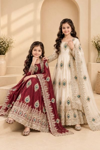 Radiant White Kids Heavy Fendy Silk Embroidered Gown Set with Dupatta For Festival Girls Wear