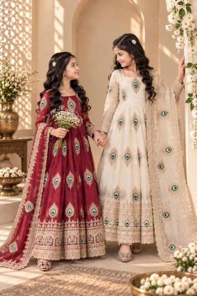 Radiant White Kids Heavy Fendy Silk Embroidered Gown Set with Dupatta For Festival Girls Wear