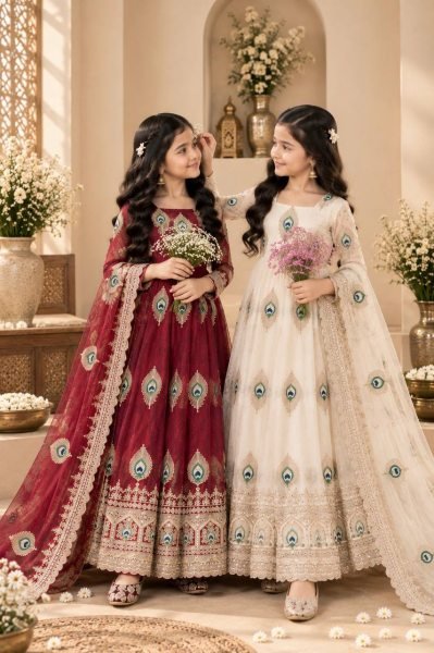 Radiant White Kids Heavy Fendy Silk Embroidered Gown Set with Dupatta For Festival Girls Wear