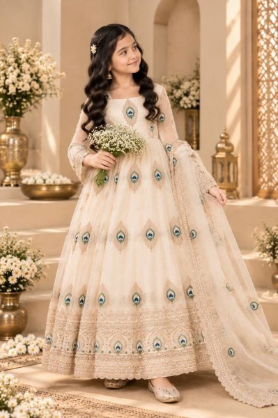 Radiant White Kids Heavy Fendy Silk Embroidered Gown Set with Dupatta For Festival Girls Wear