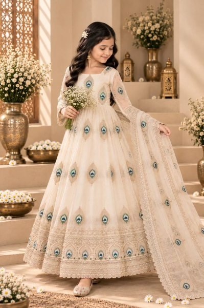Radiant White Kids Heavy Fendy Silk Embroidered Gown Set with Dupatta For Festival Girls Wear