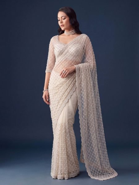 Radiant White Net Saree with Beads Sequin and Pearl Embroidery Work For Wedding Wear 