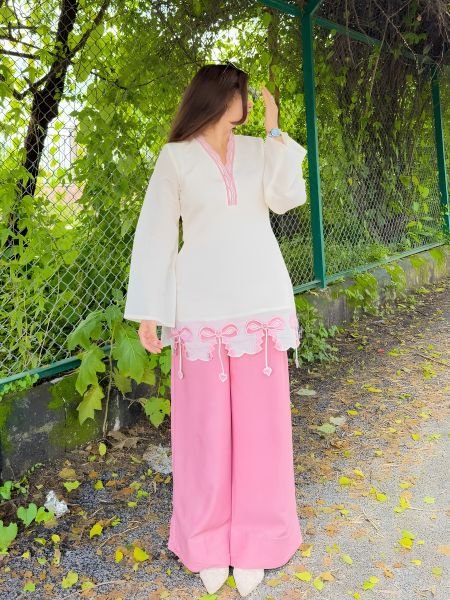 Radiant White Pink Roman Silk Embroidered Top Palazzo Co Ord Set for Women Ready To Wear Suit