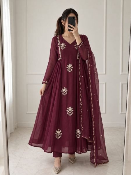 Radiant Wine Pure Mul Chanderi Anarkali Kurti Pant Dupatta Set with Handwork Kurtis