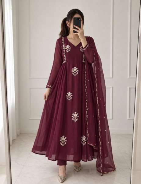Radiant Wine Pure Mul Chanderi Anarkali Kurti Pant Dupatta Set with Handwork Anarkali Kurtis 