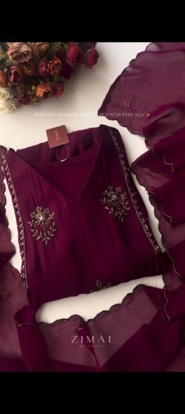 Radiant Wine Pure Mul Chanderi Anarkali Kurti Pant Dupatta Set with Handwork Anarkali Kurtis 