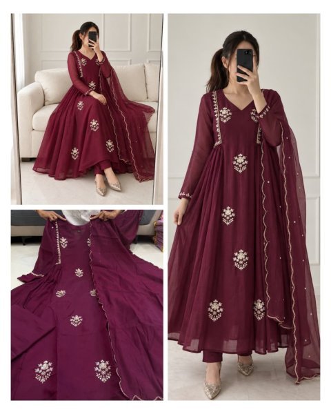 Radiant Wine Pure Mul Chanderi Anarkali Kurti Pant Dupatta Set with Handwork Anarkali Kurtis 