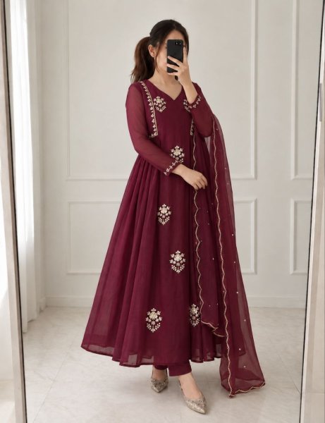 Radiant Wine Pure Mul Chanderi Anarkali Kurti Pant Dupatta Set with Handwork Anarkali Kurtis 
