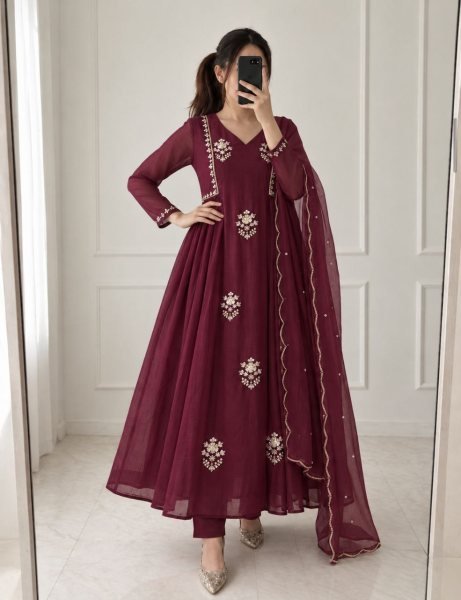 Radiant Wine Pure Mul Chanderi Anarkali Kurti Pant Dupatta Set with Handwork Anarkali Kurtis 