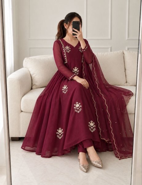 Radiant Wine Pure Mul Chanderi Anarkali Kurti Pant Dupatta Set with Handwork Anarkali Kurtis 