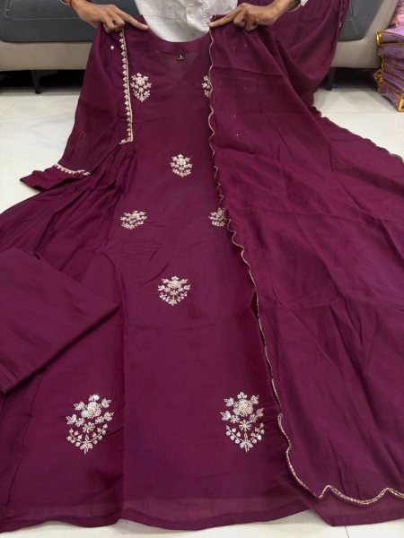 Radiant Wine Pure Mul Chanderi Anarkali Kurti Pant Dupatta Set with Handwork Anarkali Kurtis 