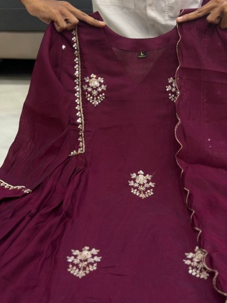 Radiant Wine Pure Mul Chanderi Anarkali Kurti Pant Dupatta Set with Handwork Anarkali Kurtis 