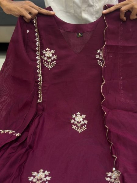 Radiant Wine Pure Mul Chanderi Anarkali Kurti Pant Dupatta Set with Handwork Anarkali Kurtis 