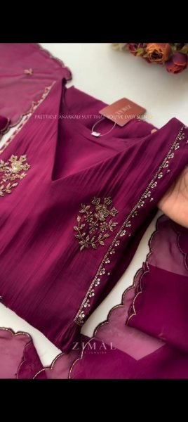 Radiant Wine Pure Mul Chanderi Anarkali Kurti Pant Dupatta Set with Handwork Anarkali Kurtis 