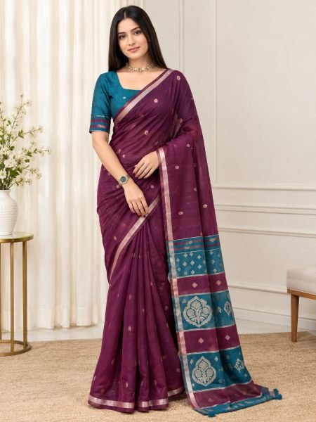 Radiant Wine Maheshwari Cotton Saree with Zari and Thread Weaving at Wholesale Sarees 