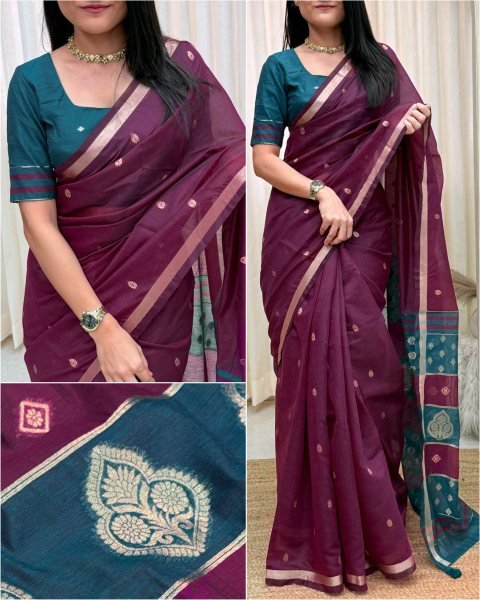 Radiant Wine Maheshwari Cotton Saree with Zari and Thread Weaving at Wholesale Printed Cotton Sarees Wholesale