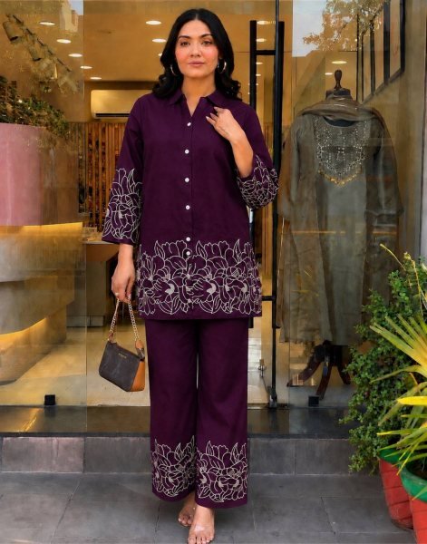Radiant Wine Rayon Top Palazzo Co-Ord Set with Matching Heavy Embroidery CO ORD Sets