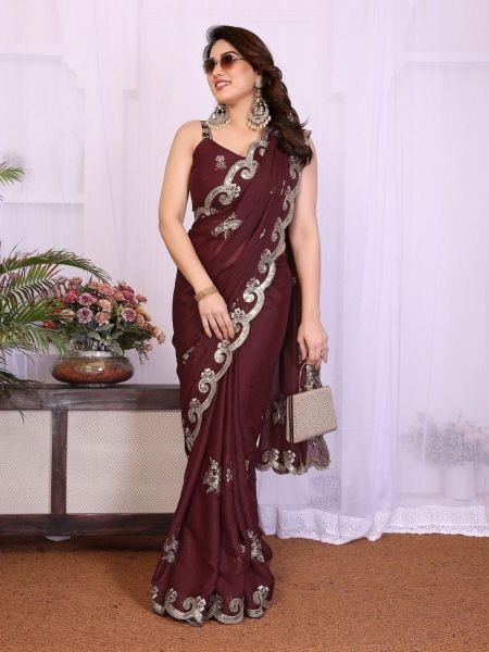 Radiant Wine Star Georgette Silk Saree with Sequin Embroidery For Wedding Wear Sarees 
