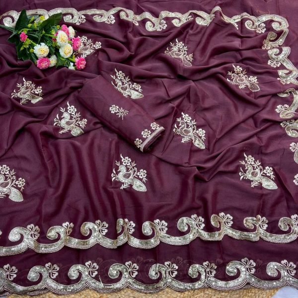 Radiant Wine Star Georgette Silk Saree with Sequin Embroidery For Wedding Wear Silk Sarees Wholesale