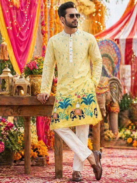 Radiant Yellow Cotton Kurta for Men with Crochet Sequence Work and Digital Print 