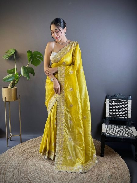 Radiant Yellow Designer Gold Crunchy Silk Saree with Sequins Work For Festival Sarees 