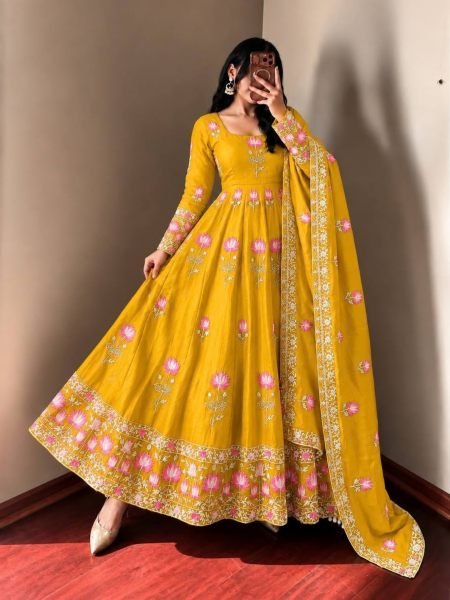 Radiant Yellow Fendy Silk Fully Stitched Gown Pant Dupatta Set at Wholesale Rate 