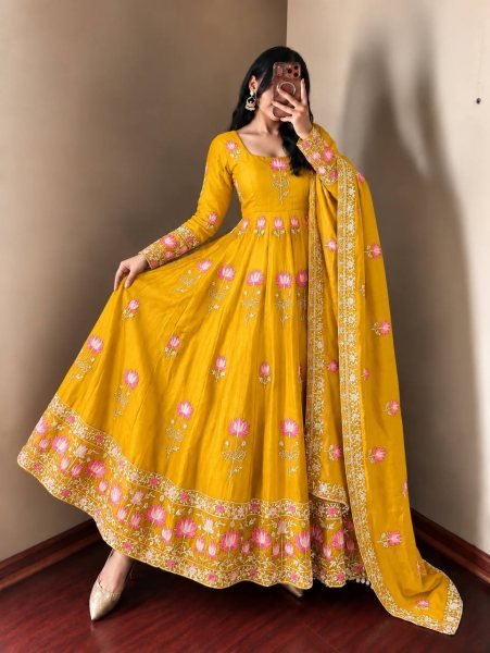 Radiant Yellow Fendy Silk Fully Stitched Gown Pant Dupatta Set at Wholesale Rate Ready To Wear Collection