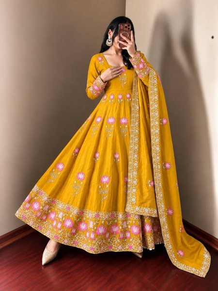 Radiant Yellow Fendy Silk Fully Stitched Gown Pant Dupatta Set at Wholesale Rate Ready To Wear Collection