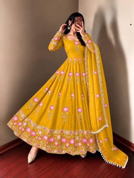 Radiant Yellow Fendy Silk Fully Stitched Gown Pant Dupatta Set at Wholesale Rate Ready To Wear Collection