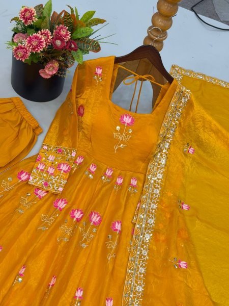 Radiant Yellow Fendy Silk Fully Stitched Gown Pant Dupatta Set at Wholesale Rate Ready To Wear Collection