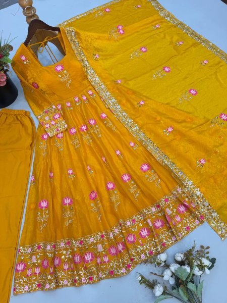 Radiant Yellow Fendy Silk Fully Stitched Gown Pant Dupatta Set at Wholesale Rate Ready To Wear Collection