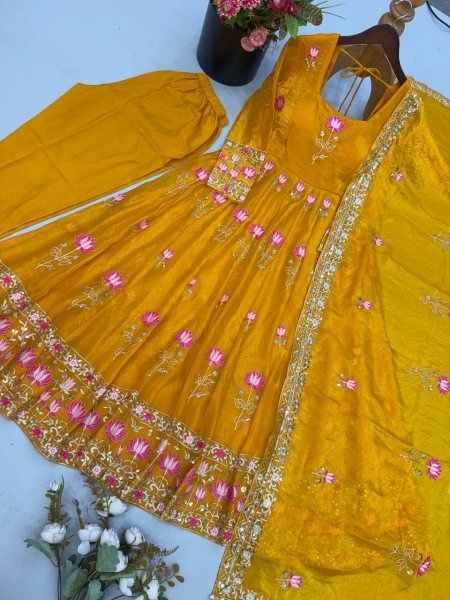 Radiant Yellow Fendy Silk Fully Stitched Gown Pant Dupatta Set at Wholesale Rate Ready To Wear Collection