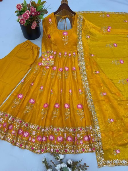 Radiant Yellow Fendy Silk Fully Stitched Gown Pant Dupatta Set at Wholesale Rate Ready To Wear Collection