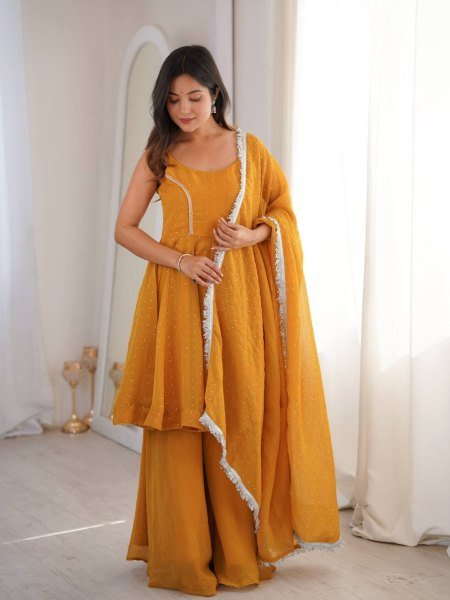 Radiant Yellow Flair Crunchy Silk Sharara Set with Zarkhand Work and Designer Dupatta Ready To Wear Suit