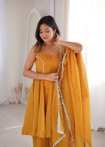 Radiant Yellow Flair Crunchy Silk Sharara Set with Zarkhand Work and Designer Dupatta Ready To Wear Collection