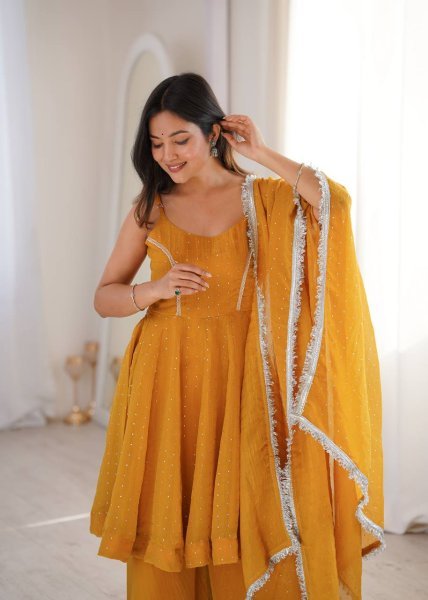 Radiant Yellow Flair Crunchy Silk Sharara Set with Zarkhand Work and Designer Dupatta Ready To Wear Collection