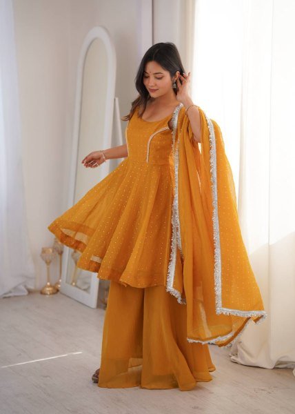 Radiant Yellow Flair Crunchy Silk Sharara Set with Zarkhand Work and Designer Dupatta Ready To Wear Collection