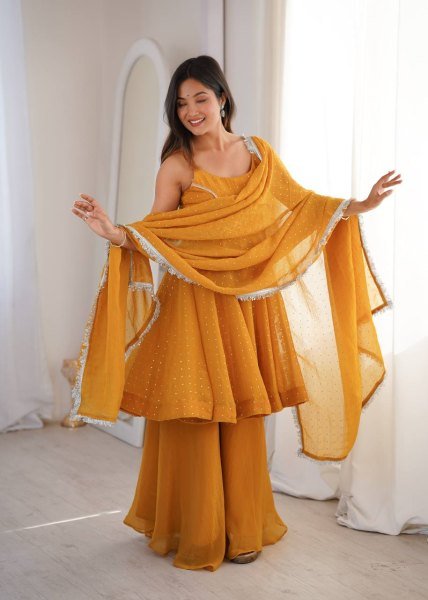 Radiant Yellow Flair Crunchy Silk Sharara Set with Zarkhand Work and Designer Dupatta Ready To Wear Collection