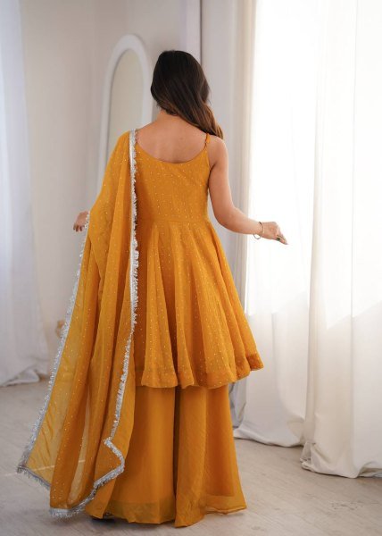 Radiant Yellow Flair Crunchy Silk Sharara Set with Zarkhand Work and Designer Dupatta Ready To Wear Collection