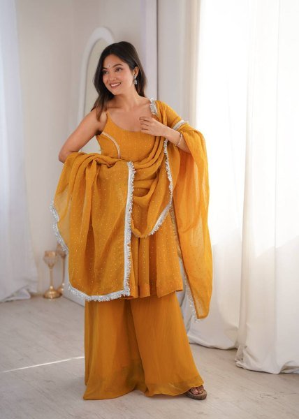 Radiant Yellow Flair Crunchy Silk Sharara Set with Zarkhand Work and Designer Dupatta Ready To Wear Collection