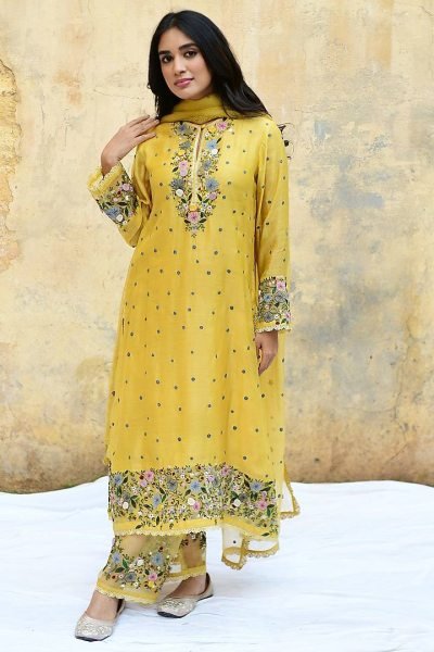 Radiant Yellow Fully Stitched Georgette Top and Plazzo Perfect for Weddings Embroidery Kurtis 