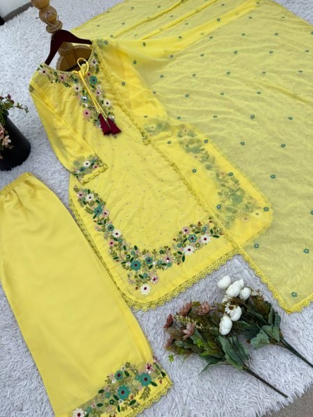 Radiant Yellow Fully Stitched Georgette Top and Plazzo Perfect for Weddings Embroidery Kurtis 