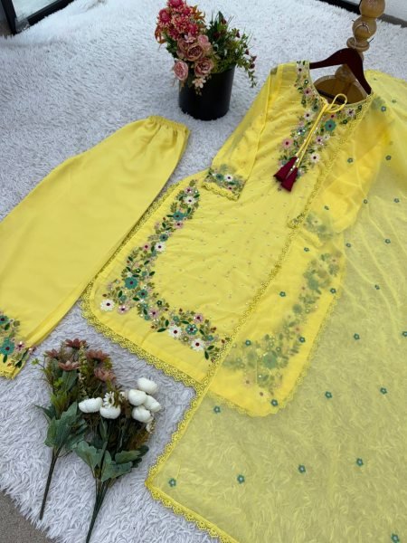 Radiant Yellow Fully Stitched Georgette Top and Plazzo Perfect for Weddings Embroidery Kurtis 