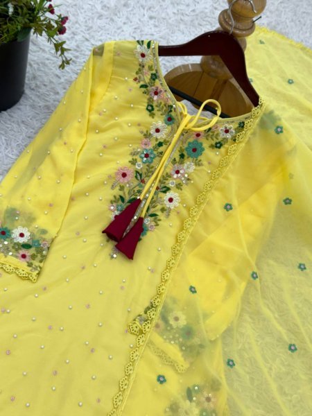 Radiant Yellow Fully Stitched Georgette Top and Plazzo Perfect for Weddings Embroidery Kurtis 
