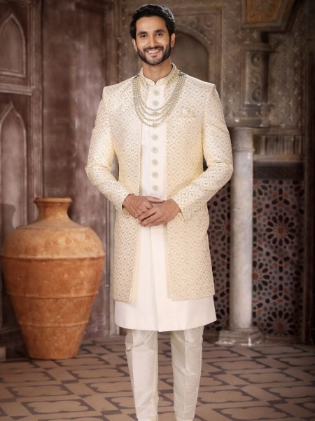 Radiant Yellow Indo Western Jacket Set for Men with Aligarhi Pant Wedding Wear Mens Wear